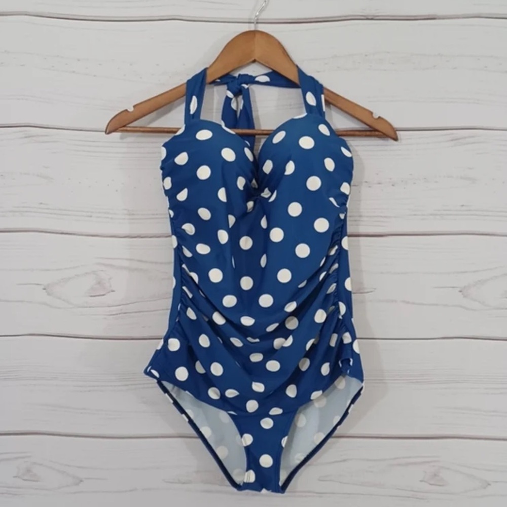 COCOSHIP Care Your Life Blue White Polkadot One Piece Swimsuit Bathingsuit